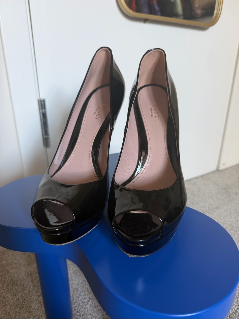 Gucci Black Patent Leather Peep-Toe Platform Pumps
